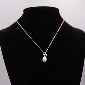 ✨ Tory Burch Pearl Drop Logo Necklace – 16" Gold-Tone